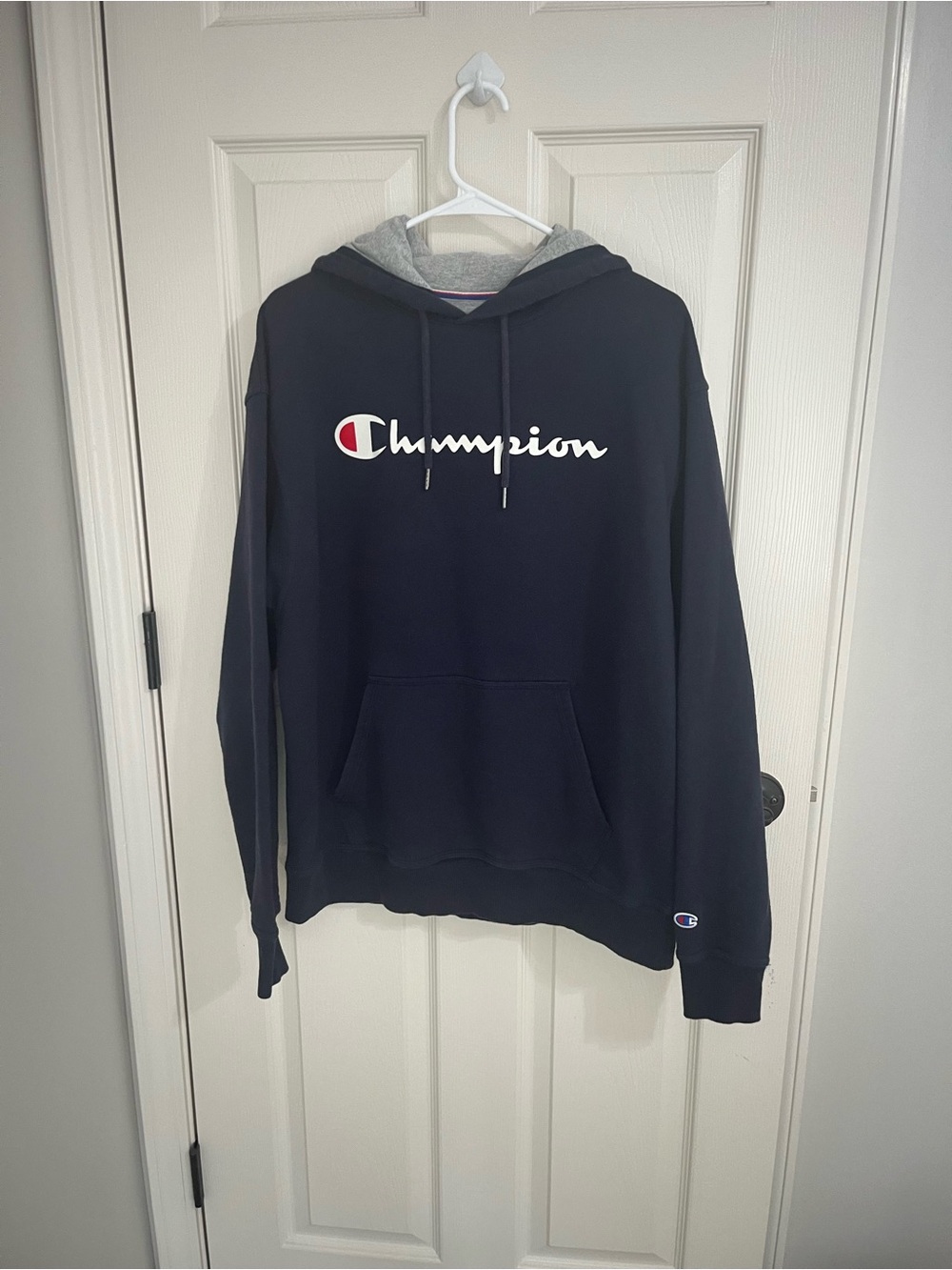 Champion Men's Navy Crewneck Hoodie with Script Logo